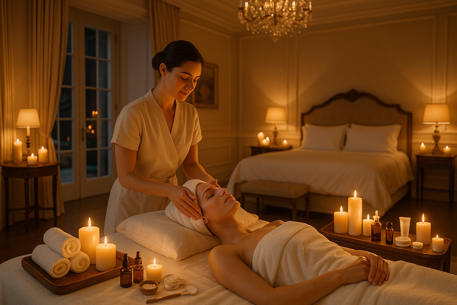a relaxing massage and facial with warm candle lights inside of a grand bedroom